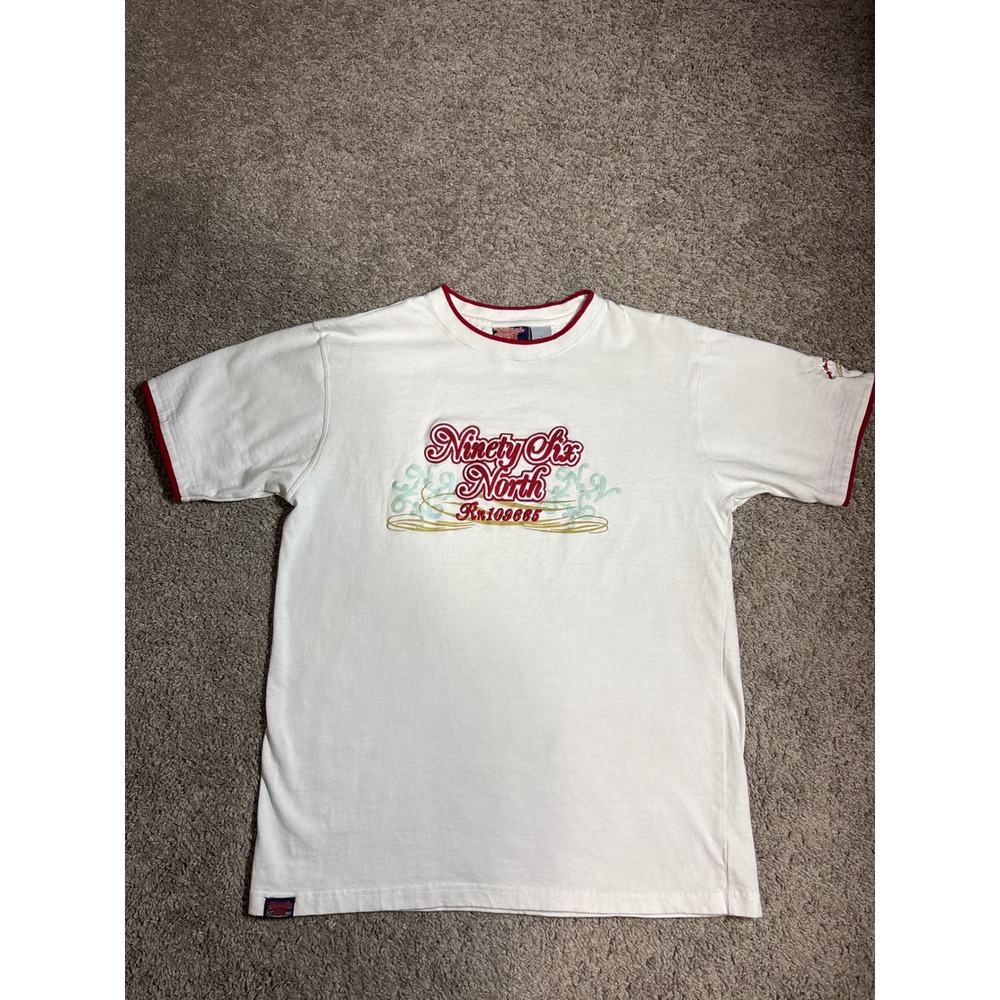 Y2K Ninety Six North Mens Ringer T-Shirt White Red Embroidered Graphic Large